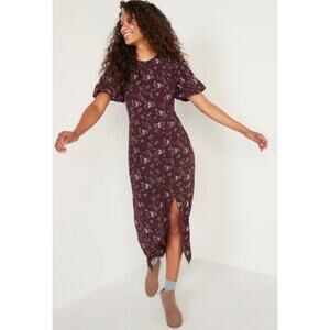 Old Navy Womens Puff Sleeve Midi Dress XL Purple Floral Side Slit Open Back Boho
